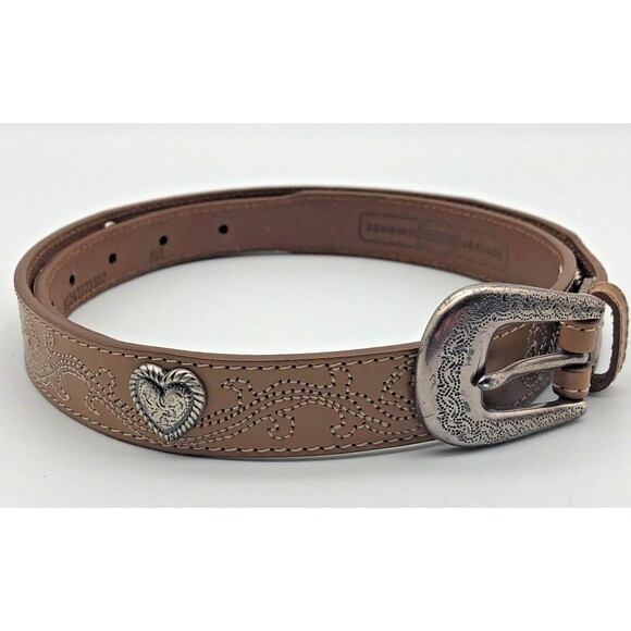 Fossil Western Belt Womens Size Medium Brown Leather Silver Heart Medallions - Picture 1 of 8
